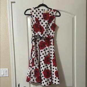 Grace Karin Black and White Polka Dot Dress with Red Floral Design